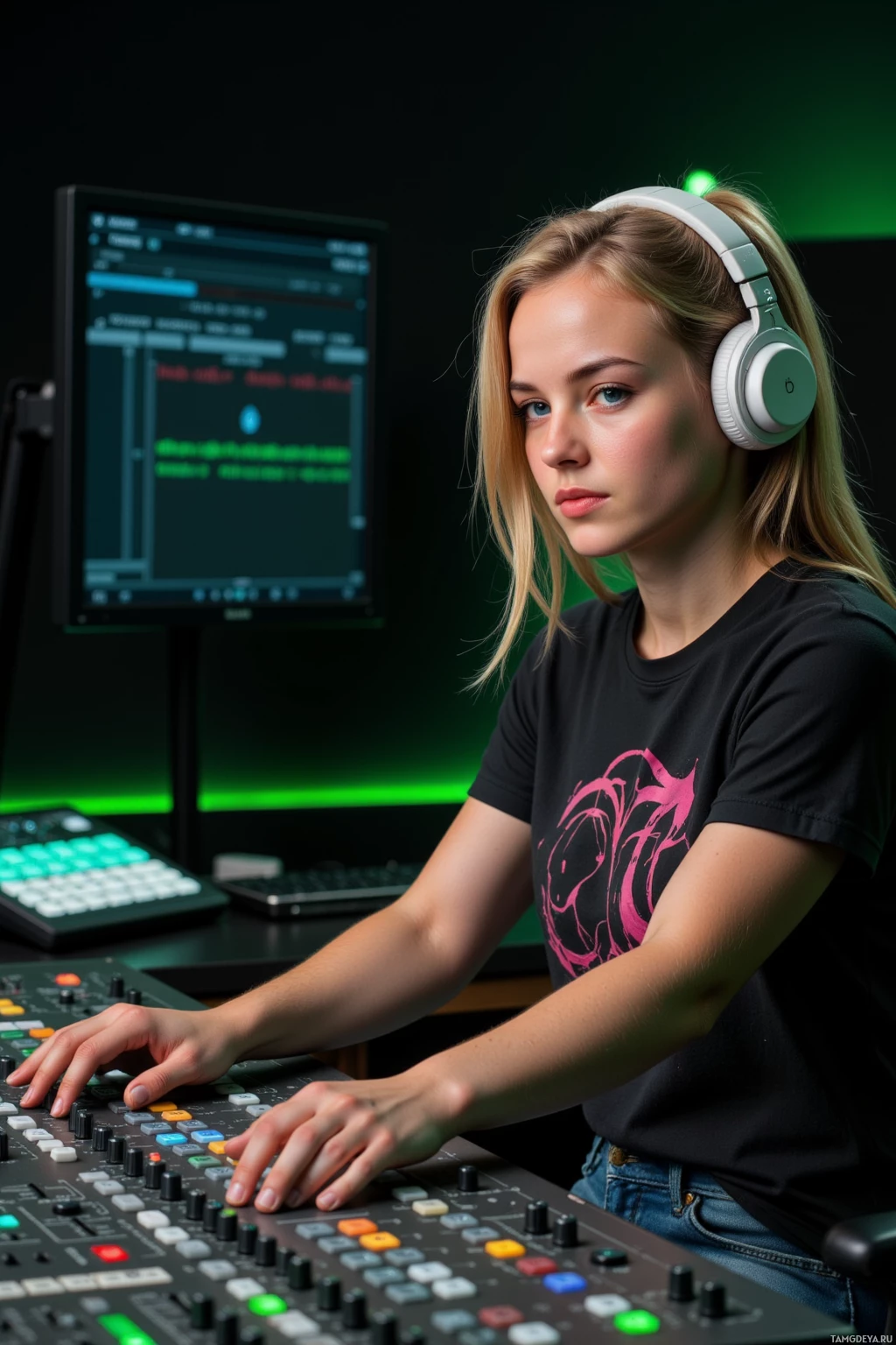 A person wearing headphones and a black t-shirt with a pink design, seated at a control panel with a computer screen in the background.
