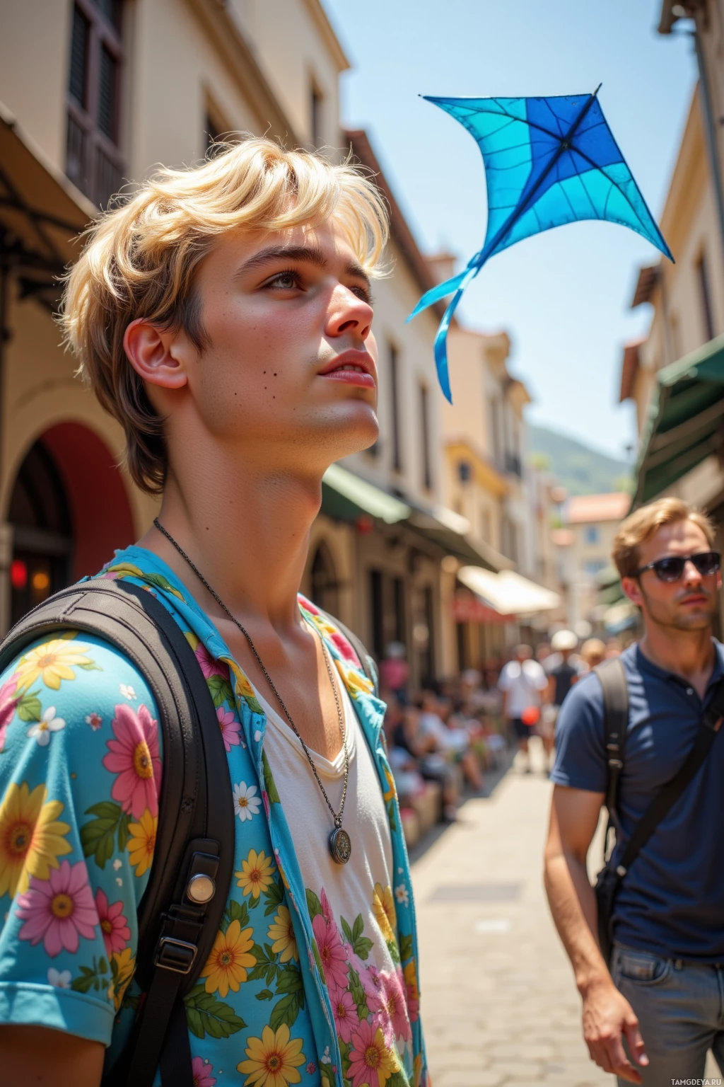A young person with blonde hair wearing a floral shirt and backpack looks up at a blue kite flying in the sky.