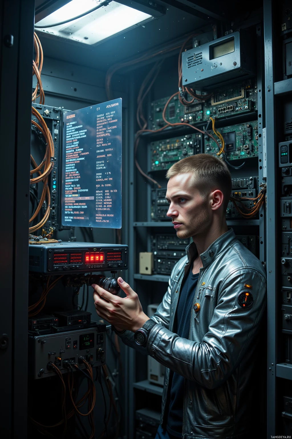 A person in a leather jacket stands in front of a control panel with various electronic equipment and displays.