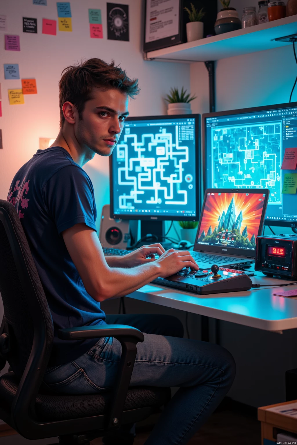 A person is seated at a desk working on a laptop with multiple monitors displaying technical diagrams and a colorful landscape.