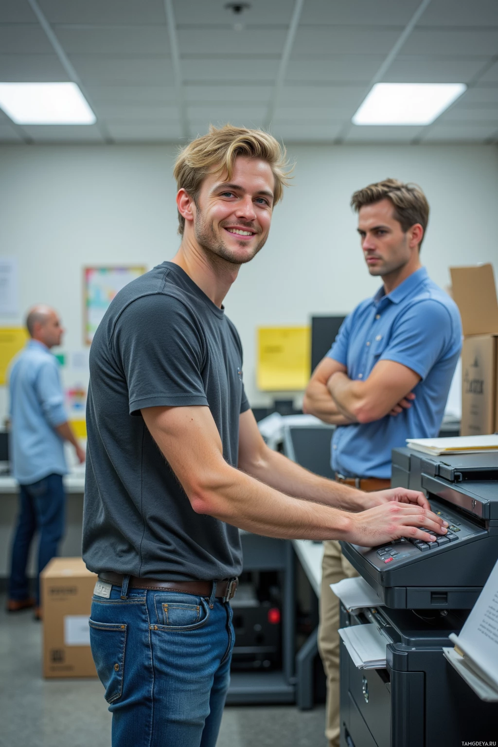 A man in a gray shirt smiles while using a printer in an office setting.