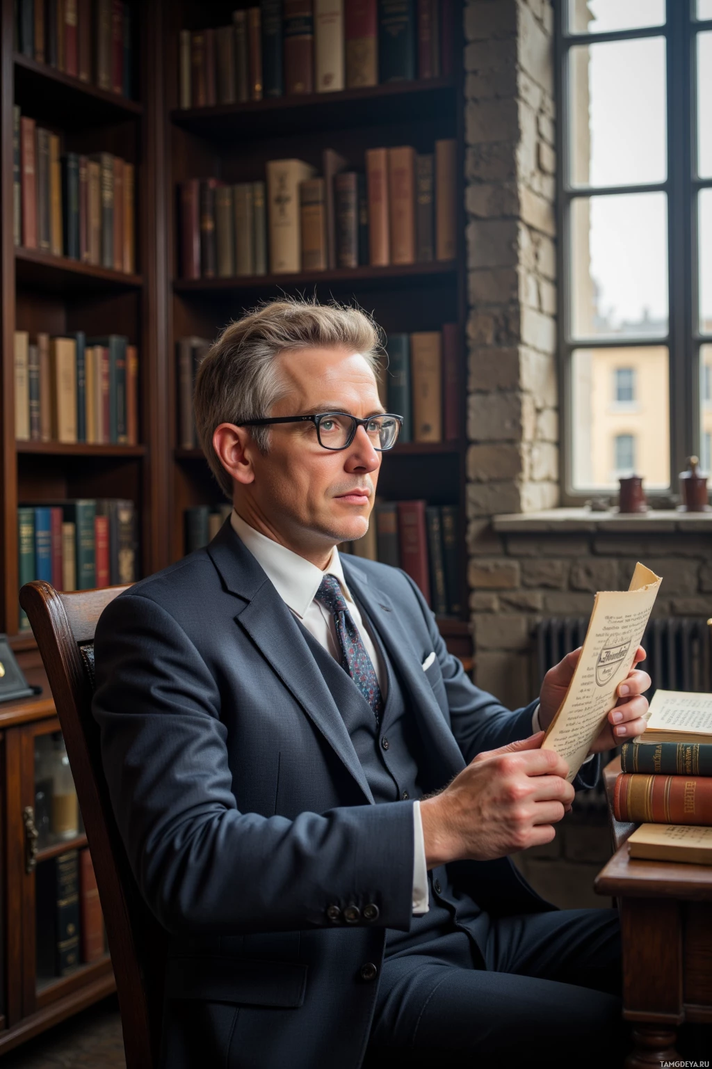 A man in a suit sits in a library, holding a book and looking thoughtful.