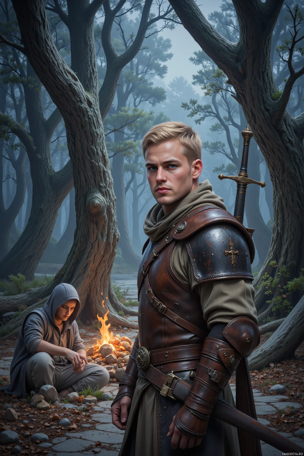 A person in medieval armor stands in a forest, with another individual sitting by a fire in the background.