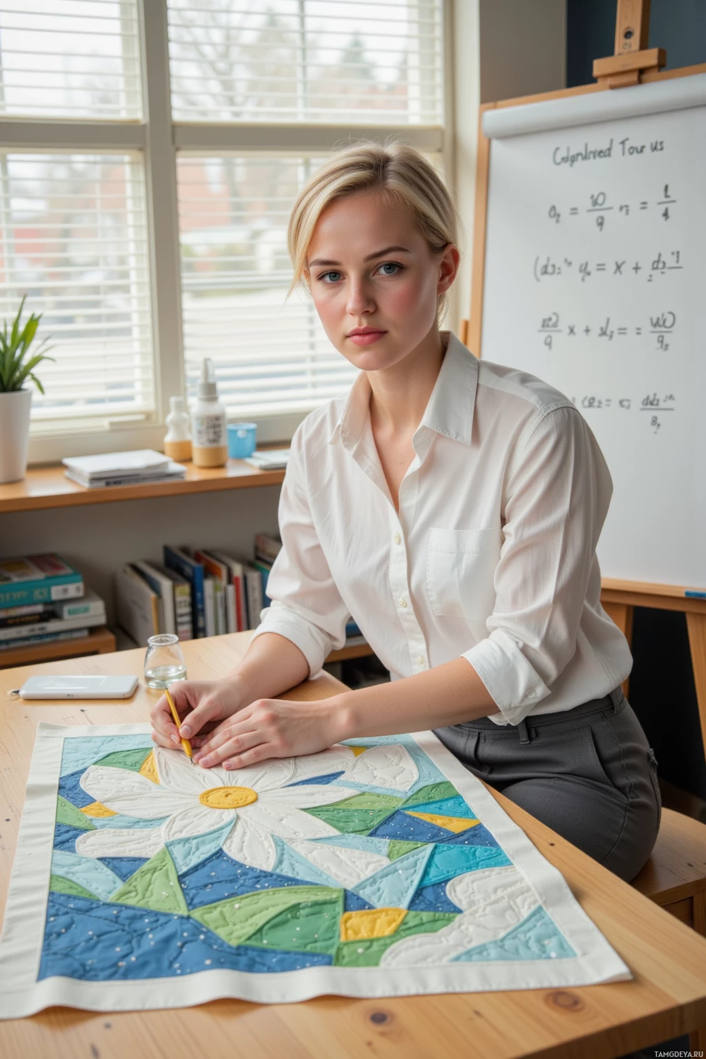 A person in a white shirt is sitting at a desk, working on a colorful quilt with a floral design.