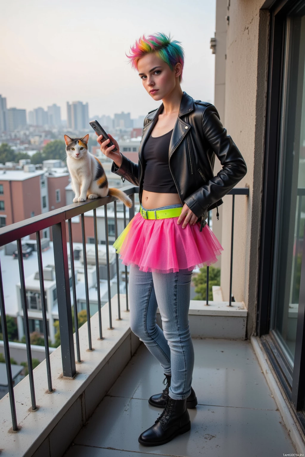 A person with colorful hair stands on a balcony, holding a phone, with a cat perched on the railing.