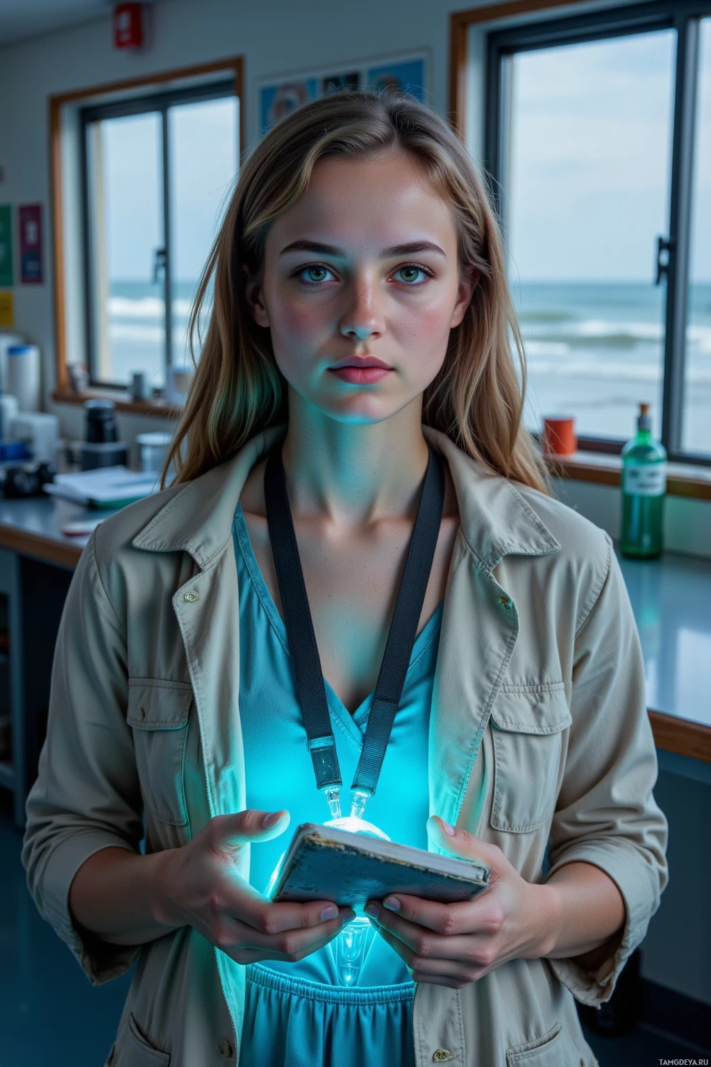 A person in a lab coat holds a glowing object in a laboratory setting.