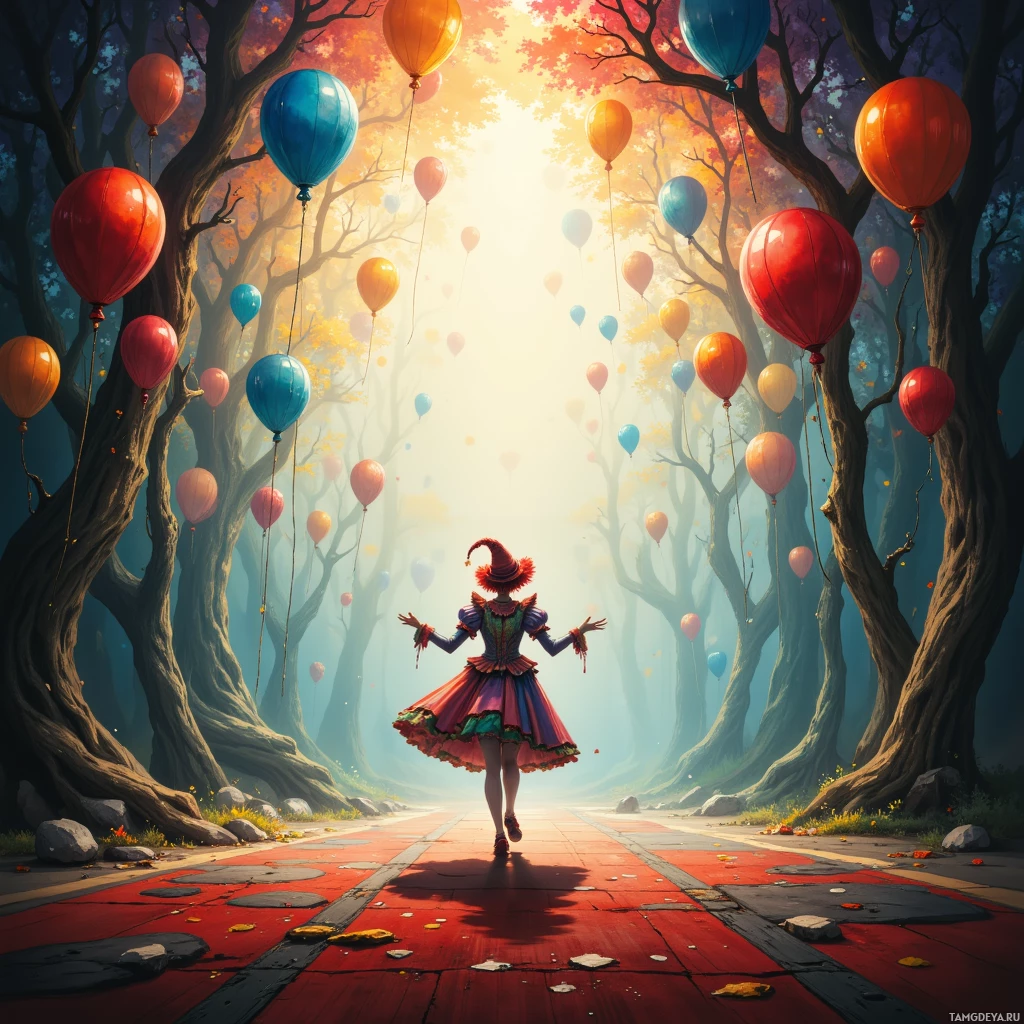 A whimsical scene featuring a person in a colorful dress walking down a path lined with trees and floating balloons.