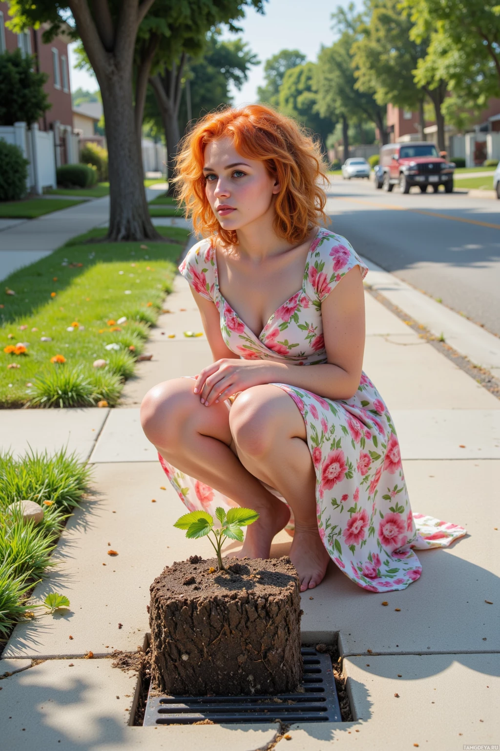 A woman in a floral dress sits on a sidewalk next to a tree stump with a small plant growing from it.