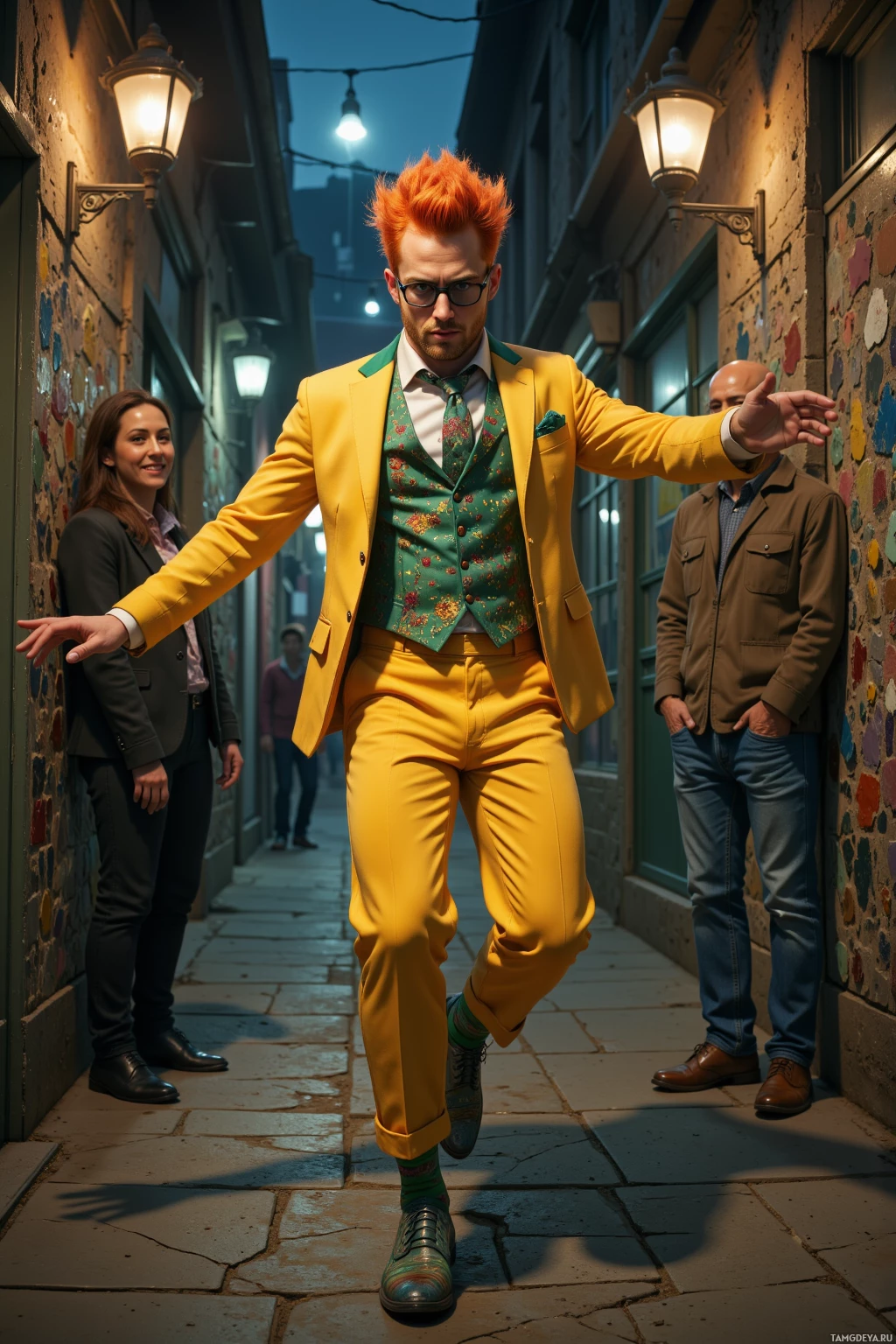 A person in a bright yellow suit and green floral vest dances energetically down a narrow alleyway at night.