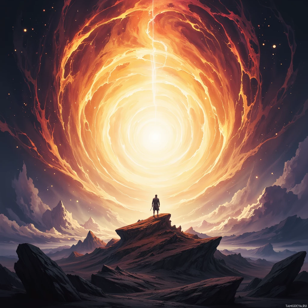 A lone figure stands atop a rocky peak, gazing at a swirling, fiery portal in the sky.