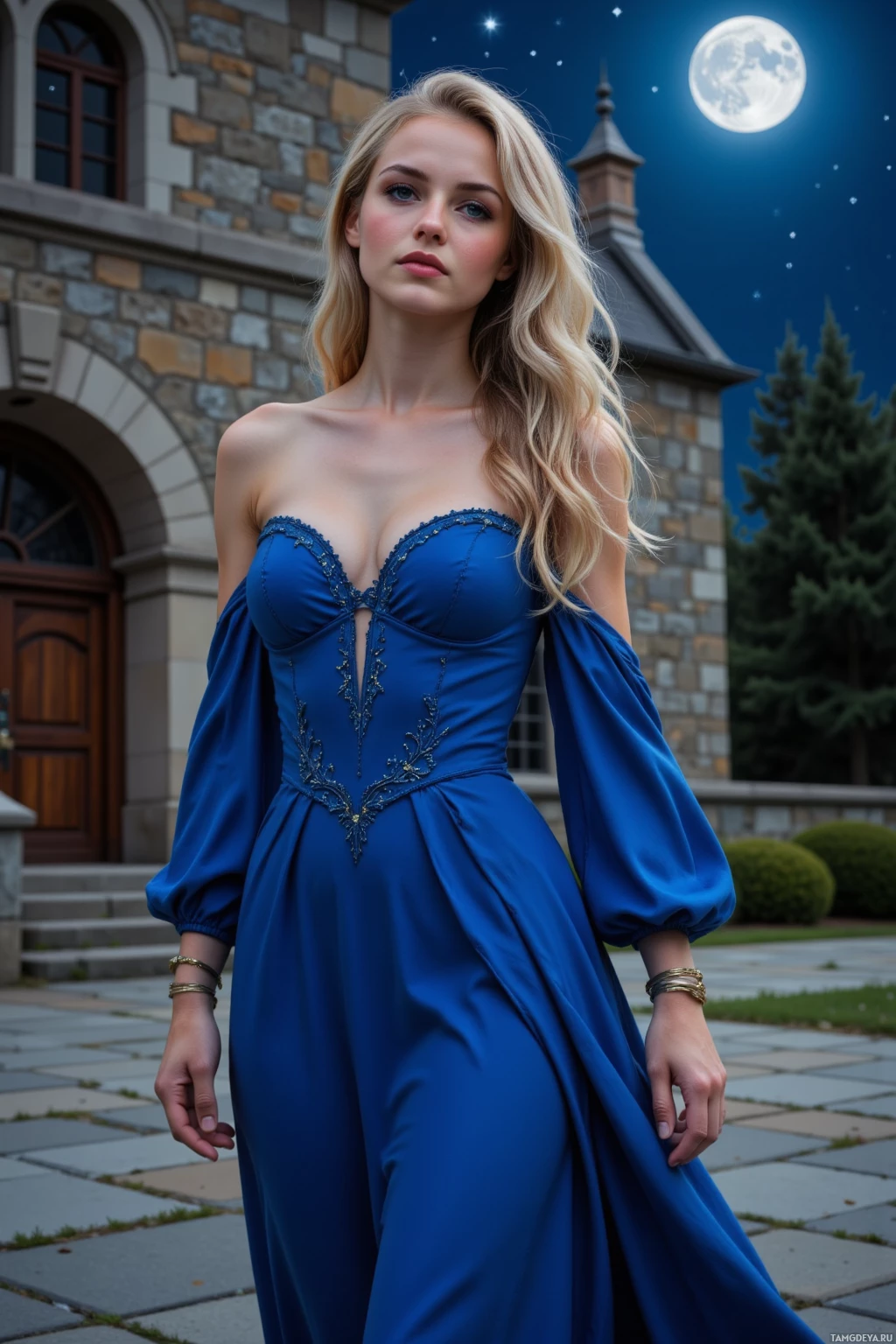 A woman in a blue dress stands in front of a stone building under a night sky.