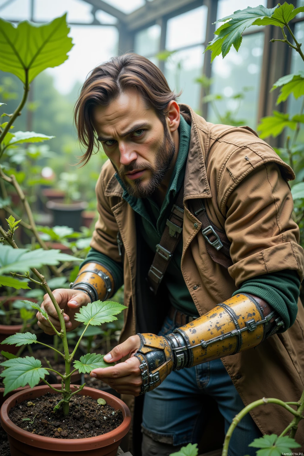 A man with a prosthetic arm tends to a plant in a greenhouse.