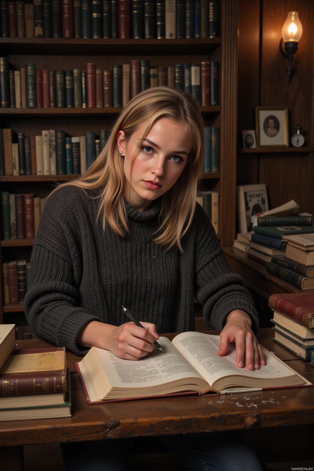 A person is sitting at a desk in a library, writing in a book.