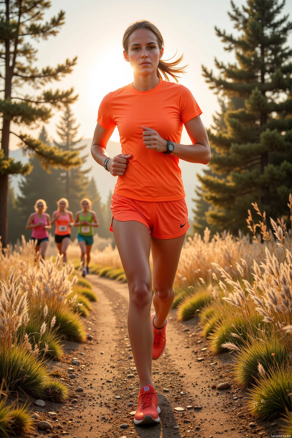 A woman runs on a trail surrounded by trees and wildflowers.