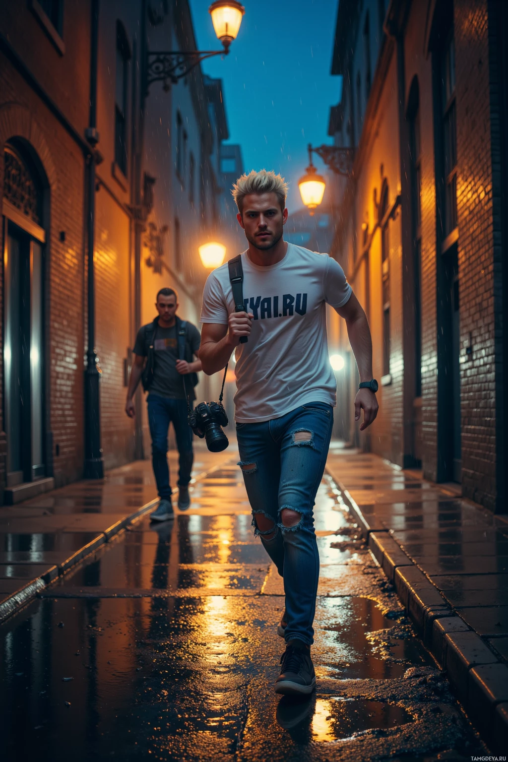A man walks down a wet alleyway at night, holding a camera, with another person in the background.