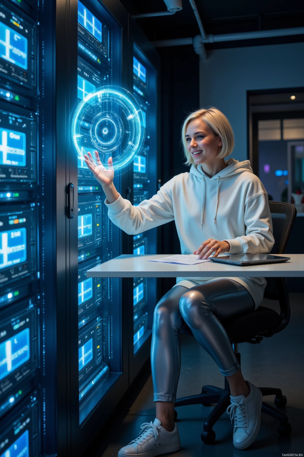 A person interacts with a futuristic interface in a server room.