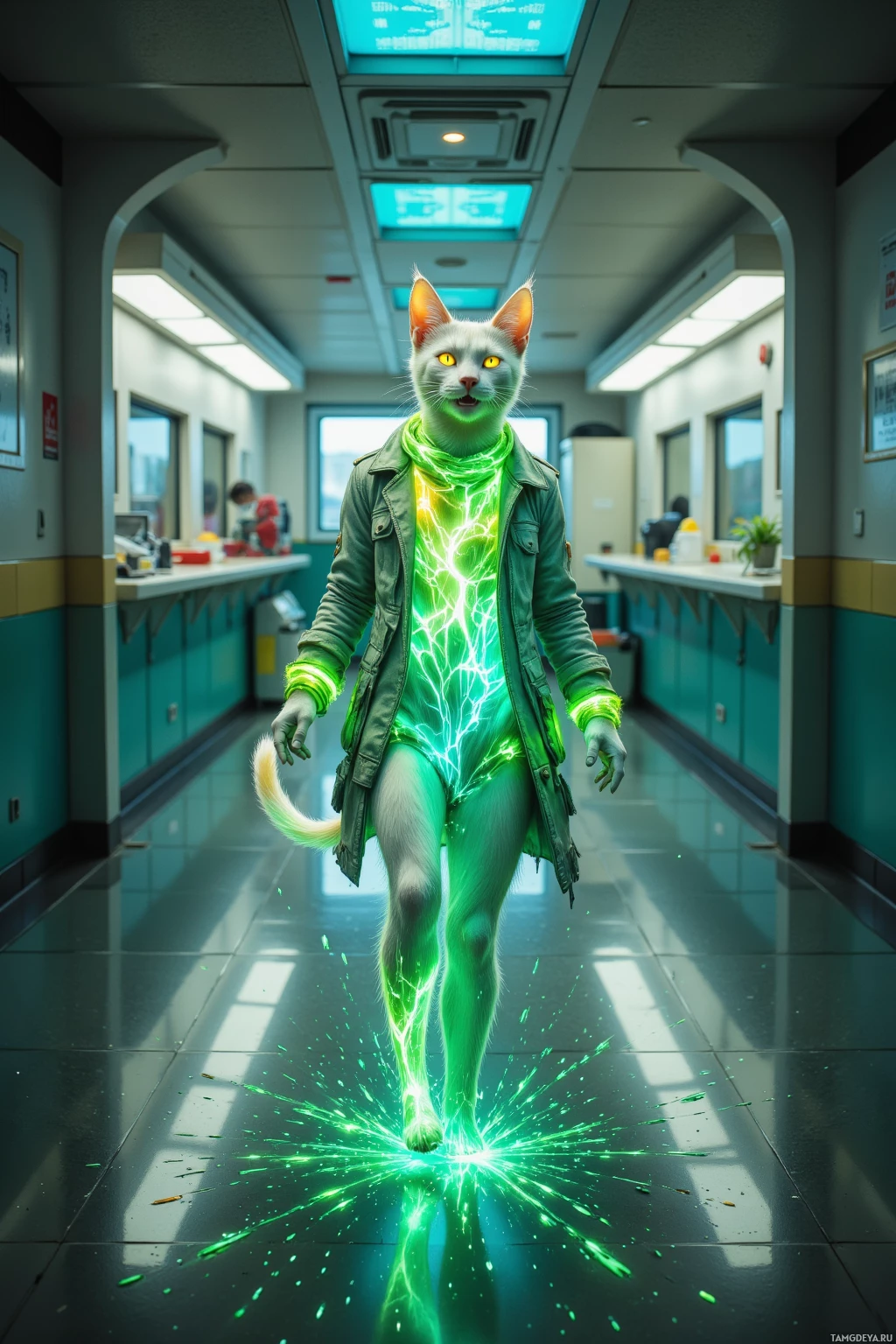 A cat-like figure with glowing green energy walks through a laboratory corridor.