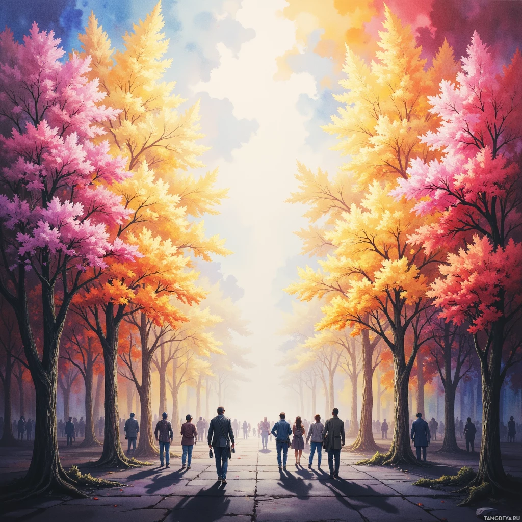 A vibrant autumn scene with people walking under colorful trees.