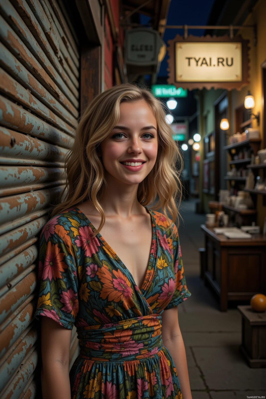 A person in a floral dress stands in a dimly lit alleyway with a sign reading "TYAI.RU" in the background.