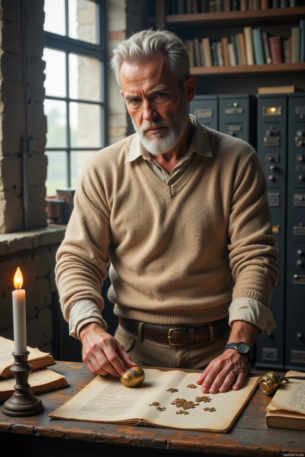 A man with a beard and gray hair stands in a room with books and a lit candle, examining a book with puzzle pieces on the table.