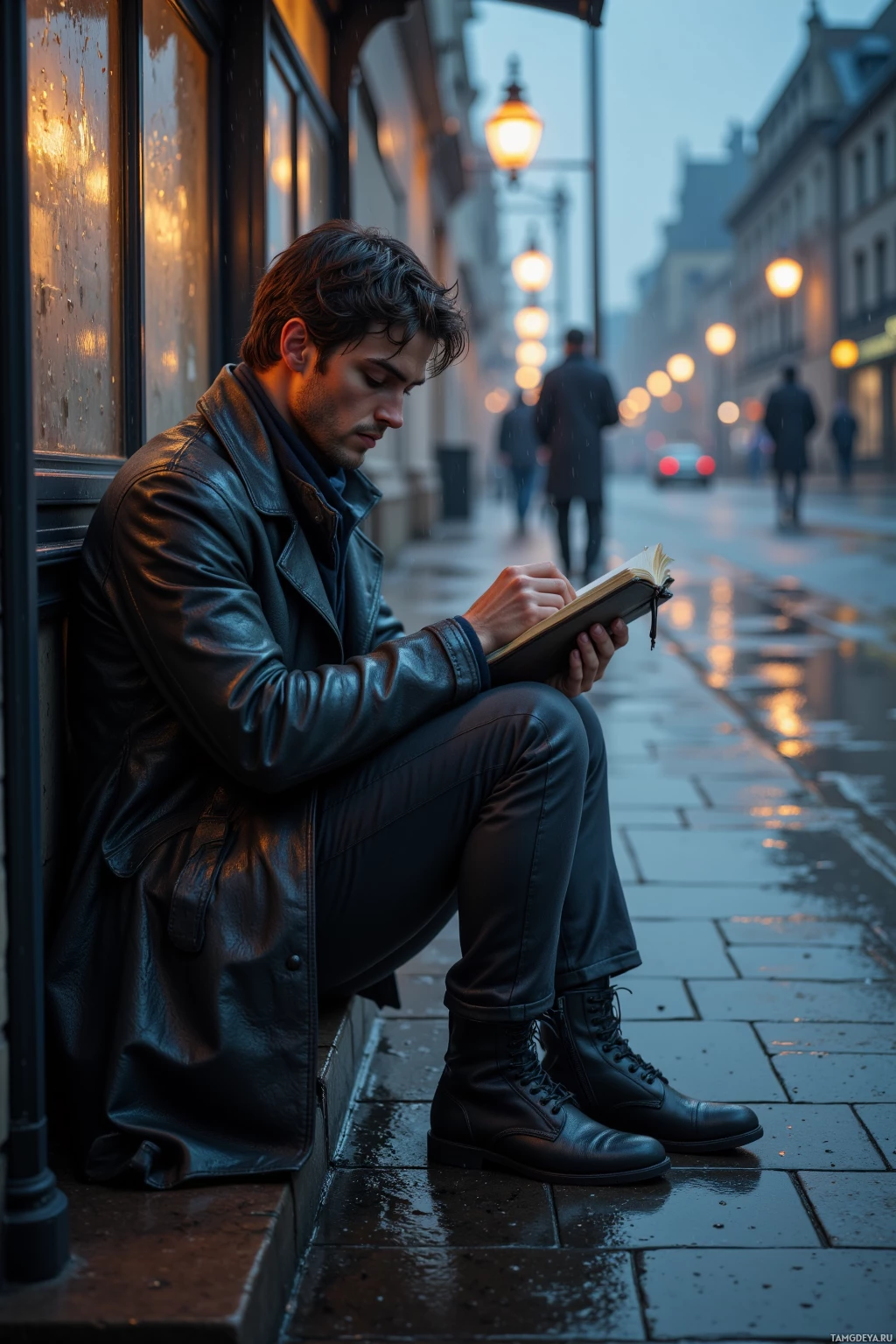 A person sits on a wet sidewalk reading a book under streetlights in an urban setting.