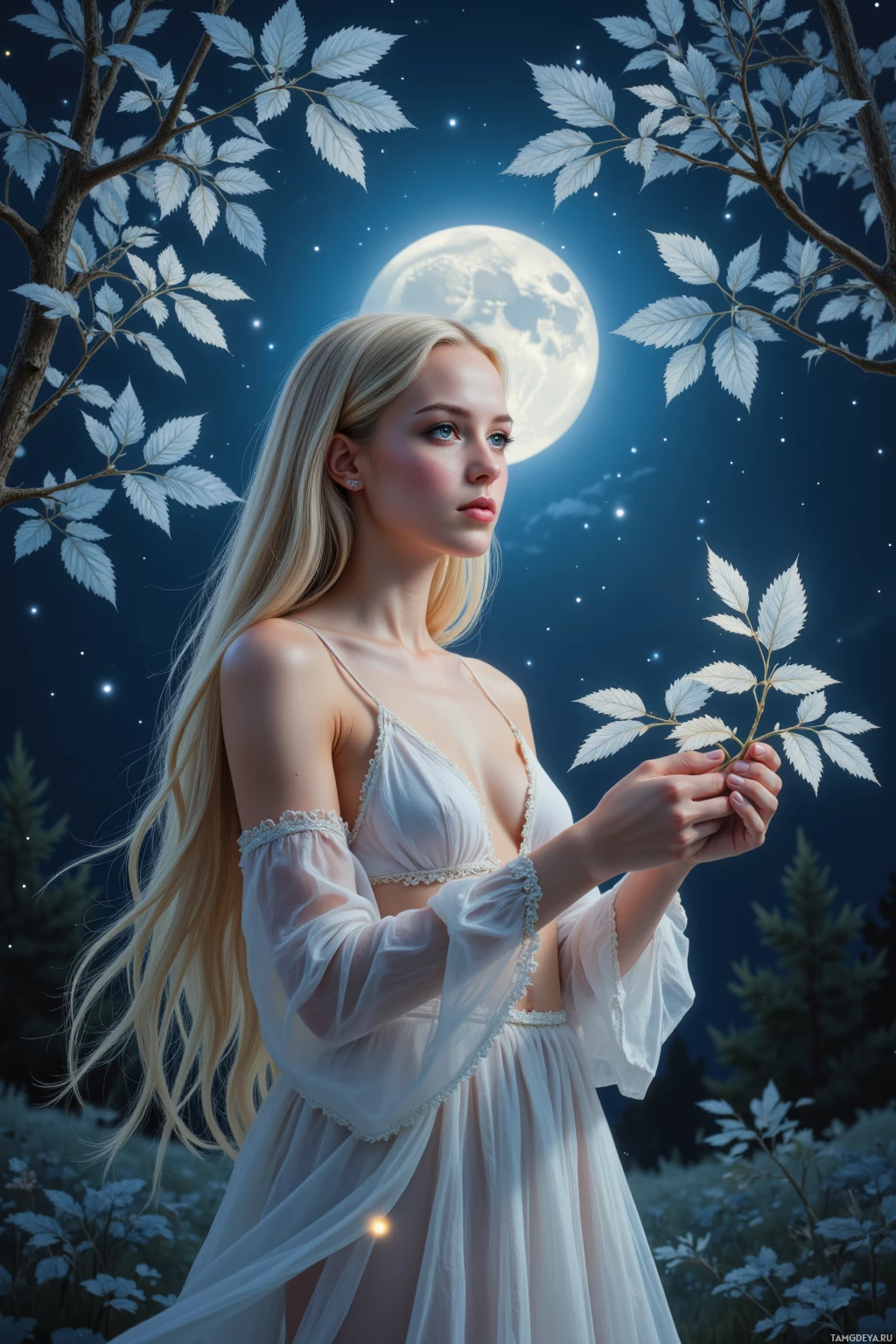 A woman in a white dress stands under a night sky with a full moon and stars.