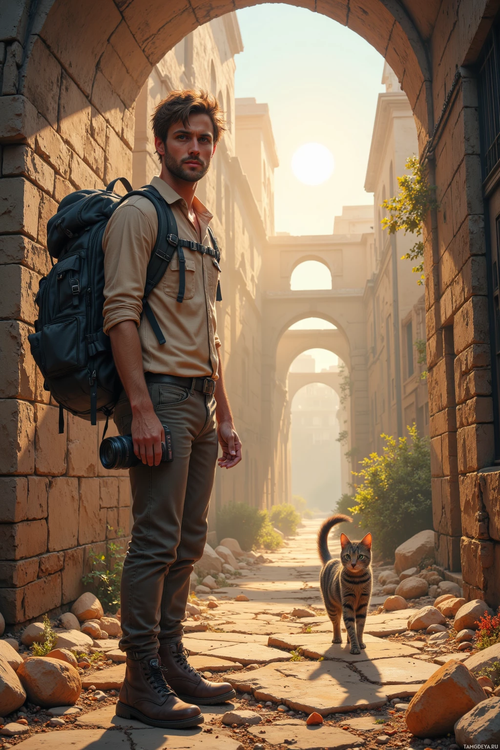 A man with a backpack and camera stands in a sunlit archway with a cat walking nearby.