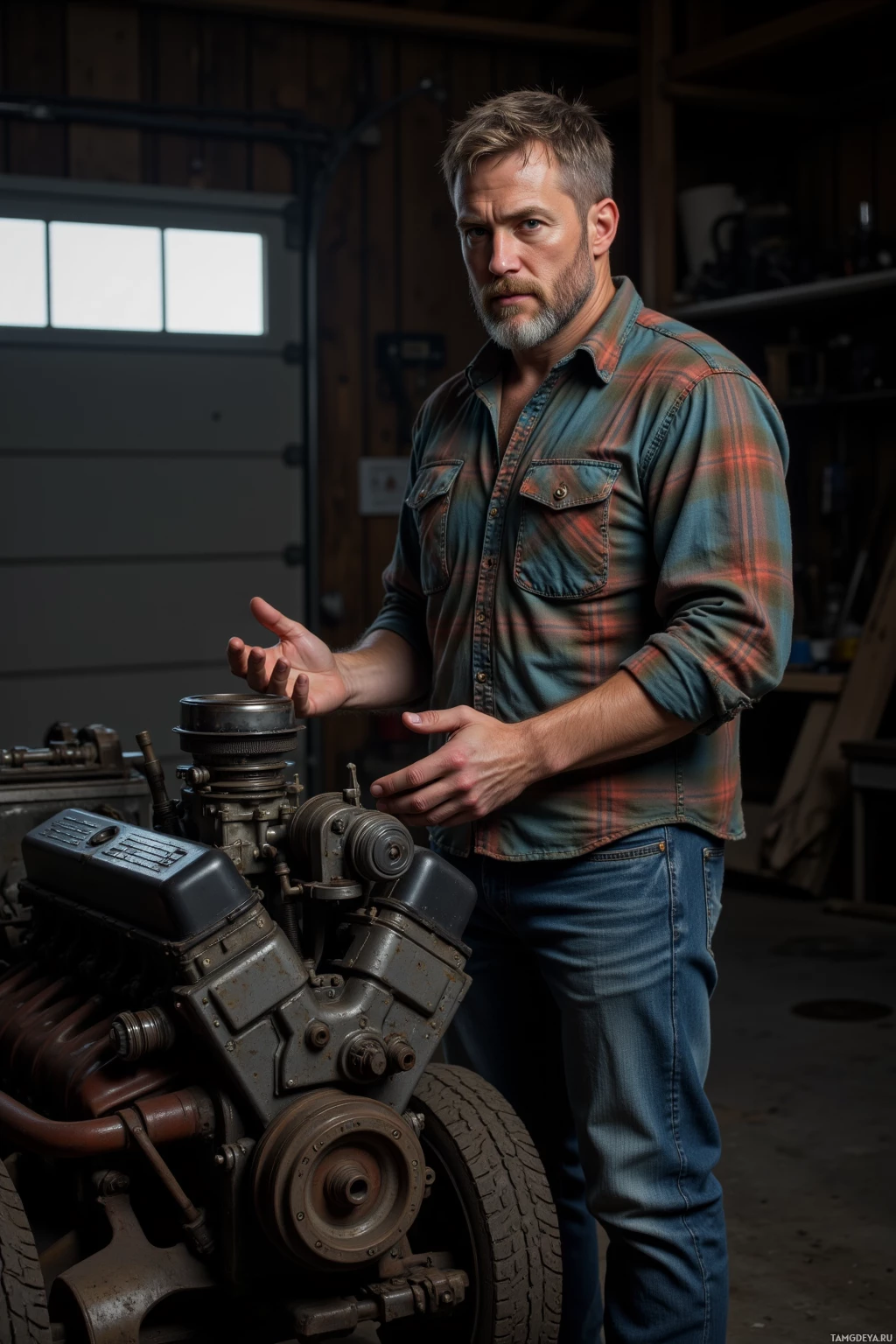A man stands in a garage next to an engine, gesturing with his hands.