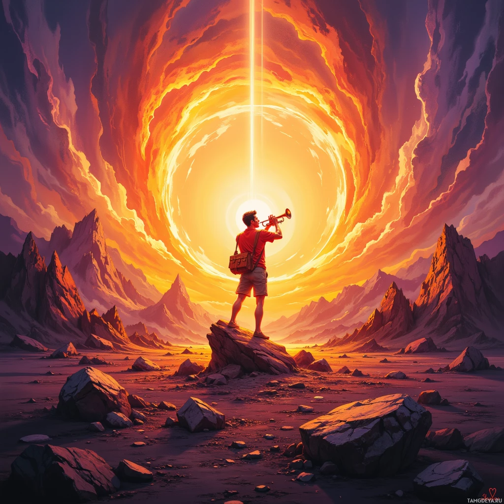 A person stands on a rocky landscape, playing a trumpet, with a glowing, fiery portal in the sky.