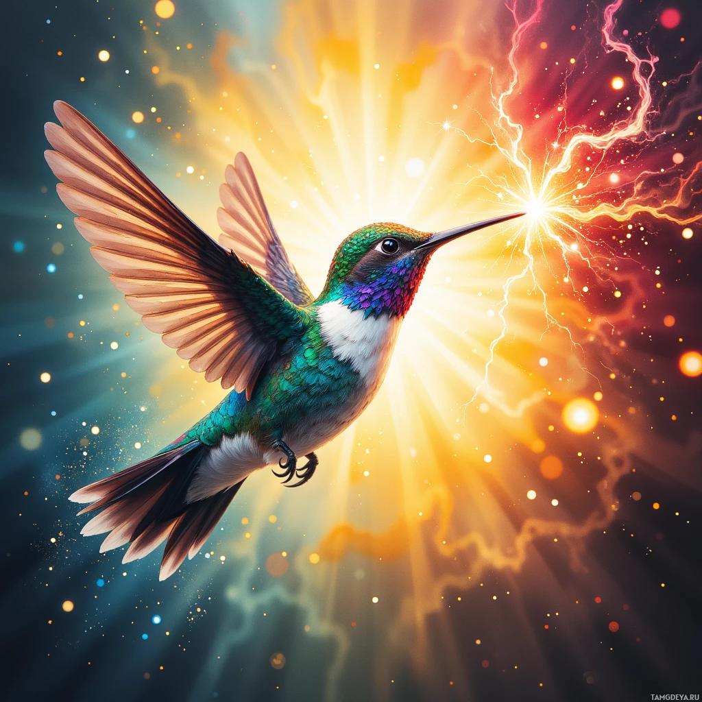 A vibrant hummingbird with iridescent feathers is captured in flight against a radiant, colorful background with light rays and sparkles.