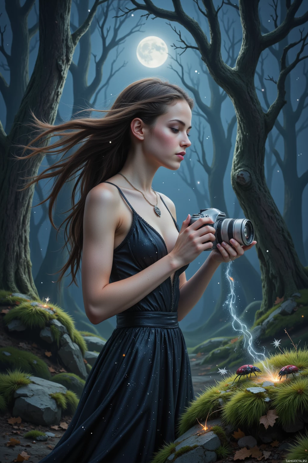 A woman in a dark dress holds a camera amidst a mystical forest scene with glowing insects and lightning.