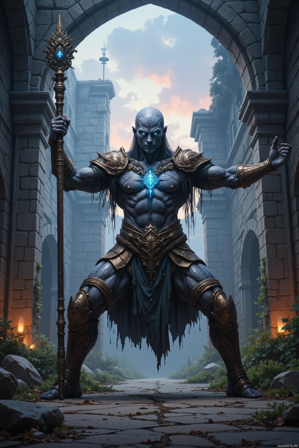 A muscular figure in ornate armor stands confidently with one hand raised and another holding a staff adorned with a glowing gemstone, set against an ancient stone archway.