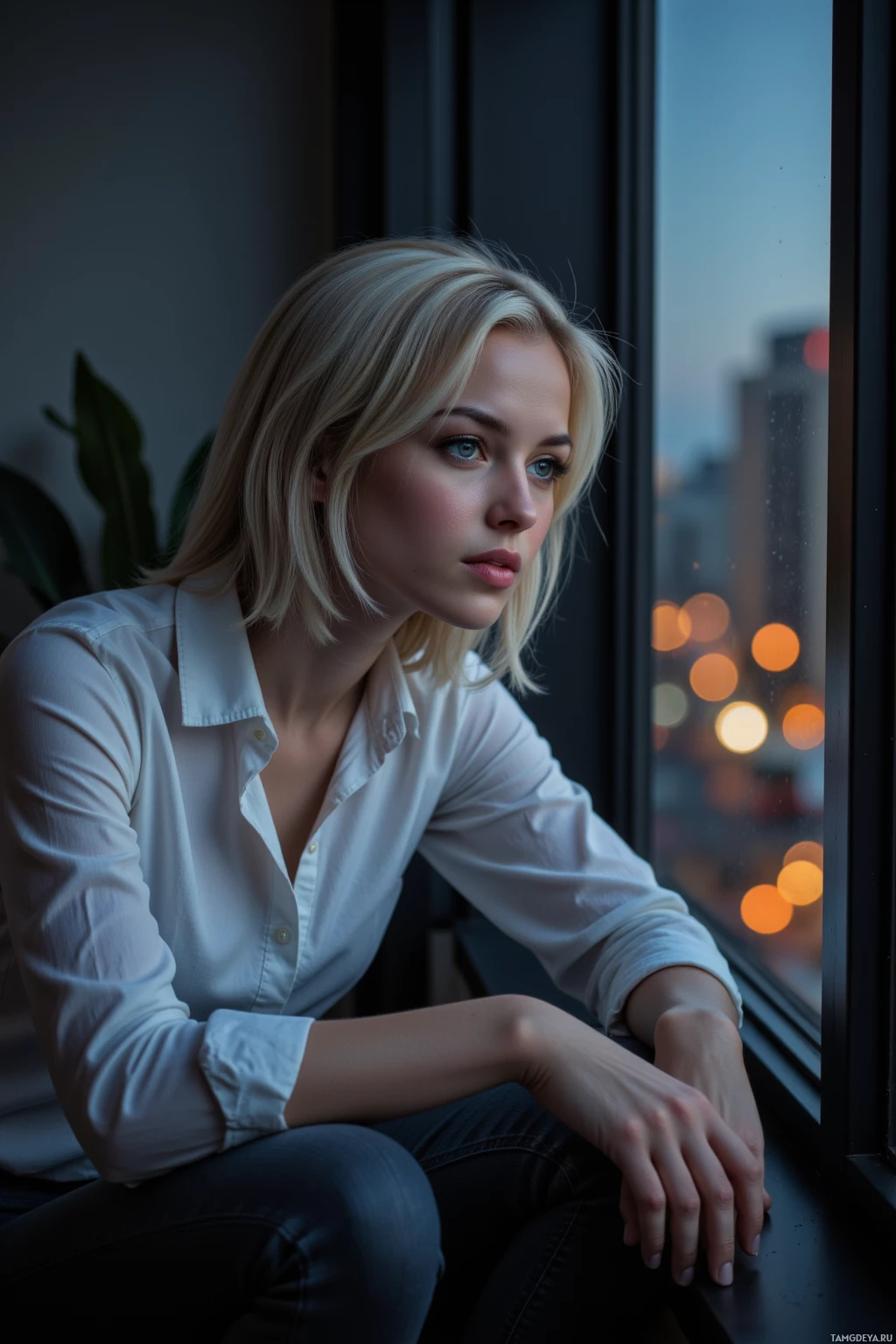A person in a white shirt sits by a window with city lights visible outside.