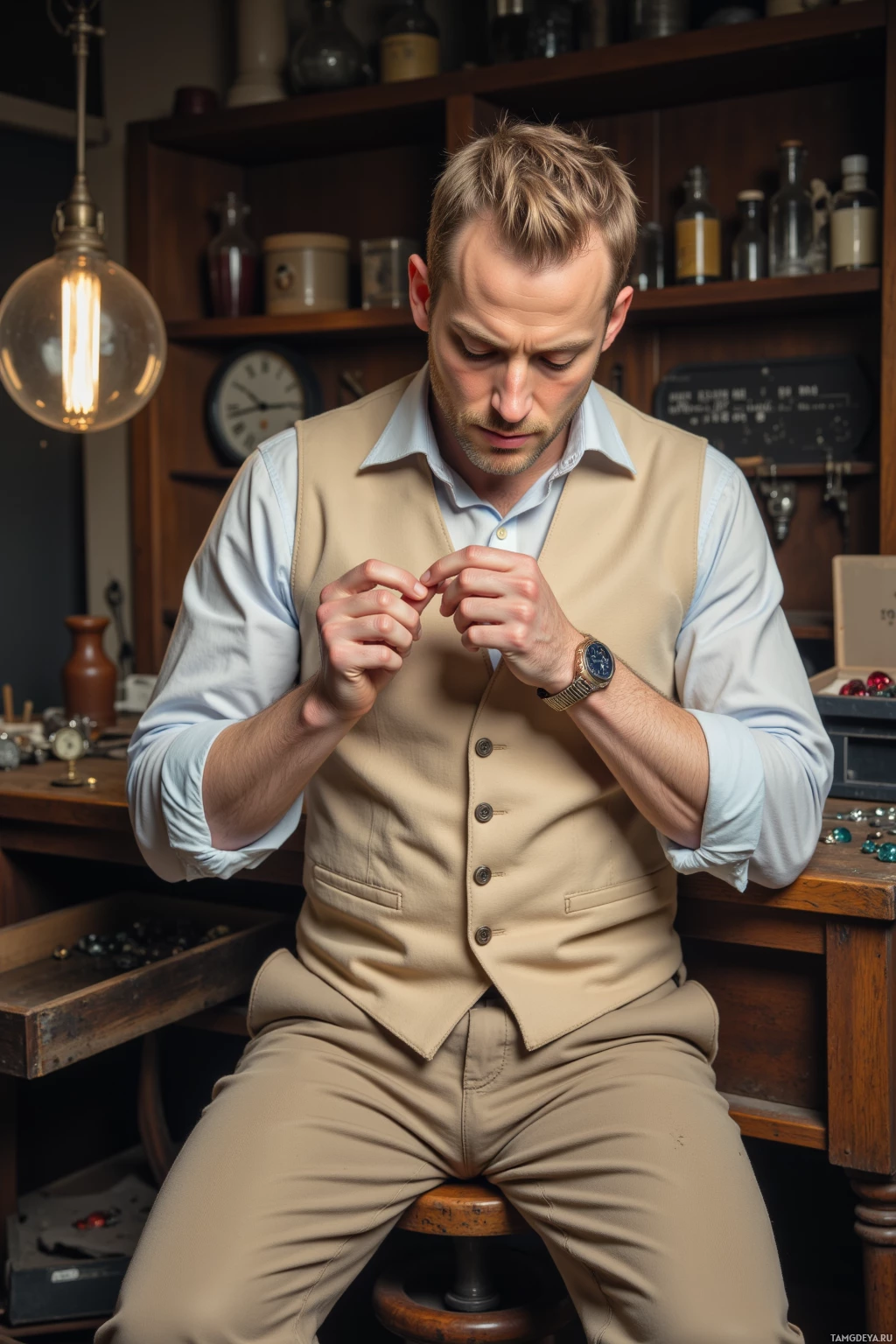 A man in a beige vest and light blue shirt is seated at a desk with various items around him, examining something small in his hands.