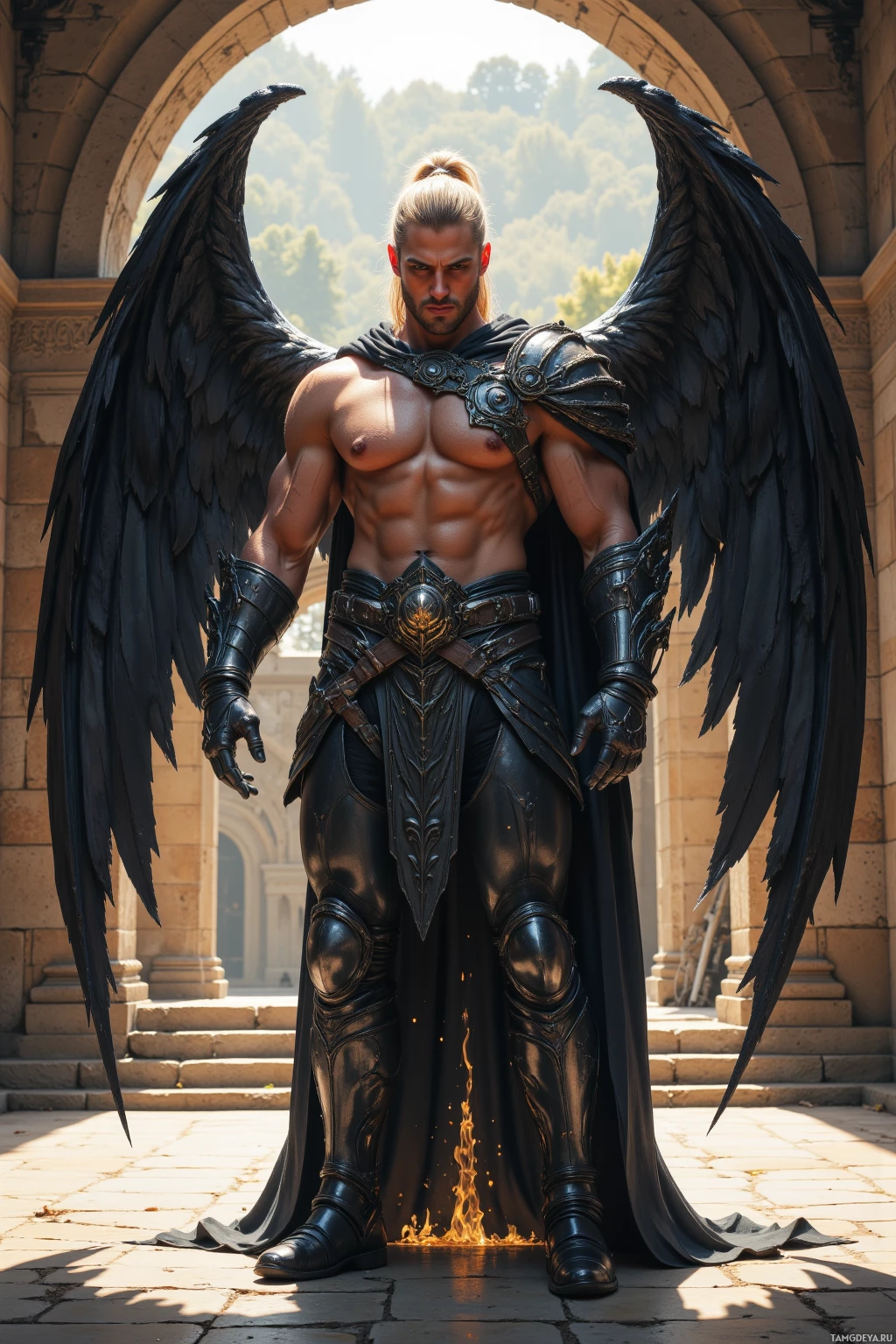 A muscular figure with black wings and armor stands in front of a stone archway with a small flame at their feet.