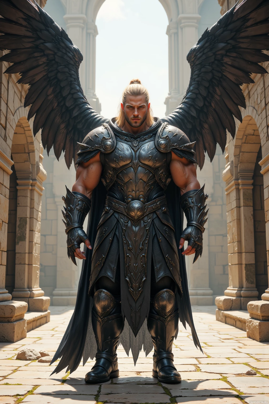 A muscular figure in ornate black armor with large wings stands in a stone courtyard.