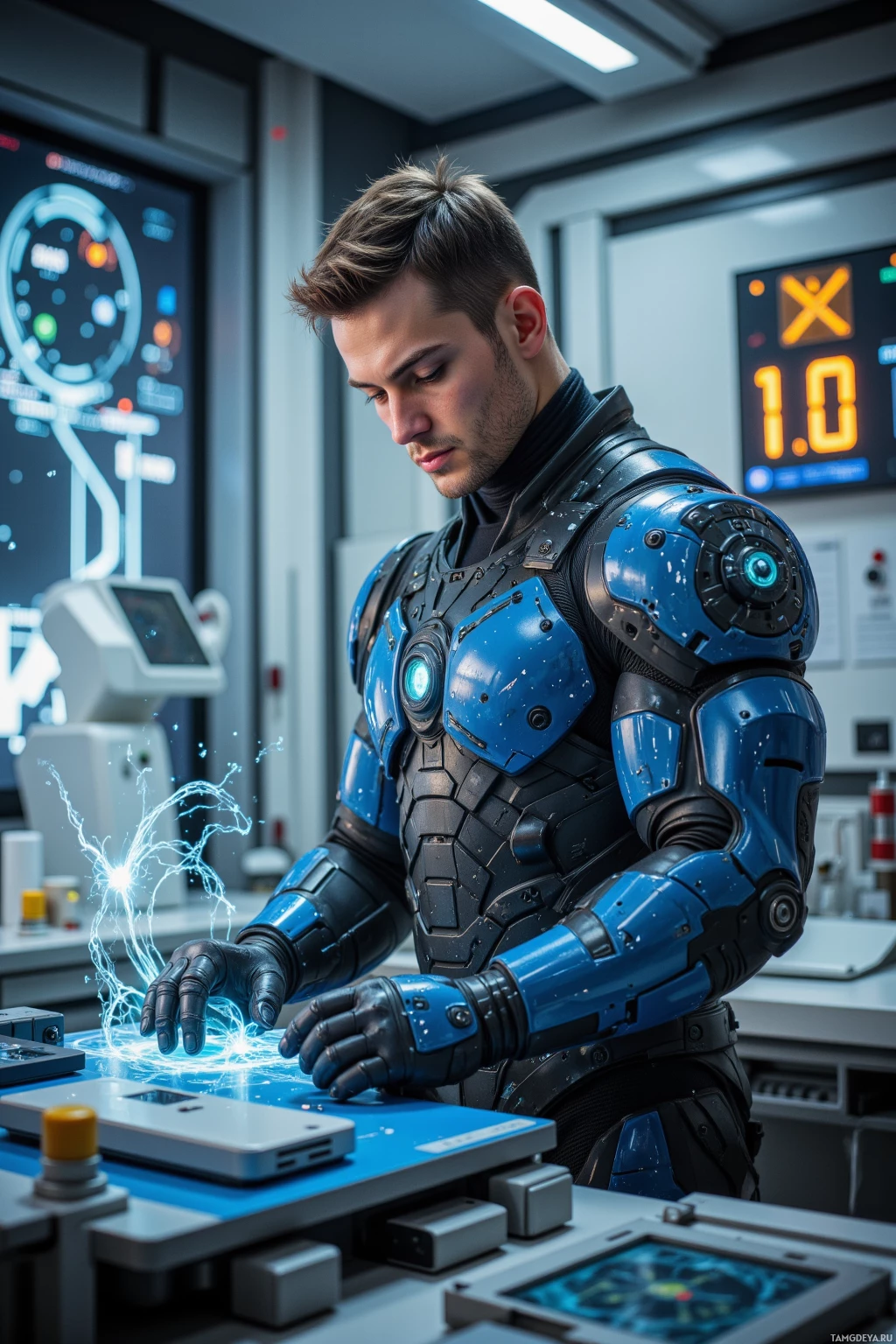 A person in futuristic blue armor works with glowing energy on a control panel in a high-tech environment.