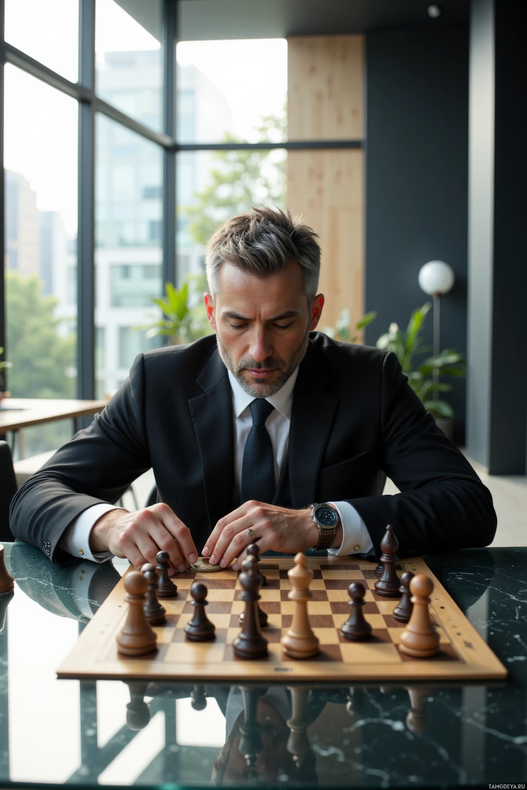 A man in formal attire is playing chess at a table with large windows behind him.