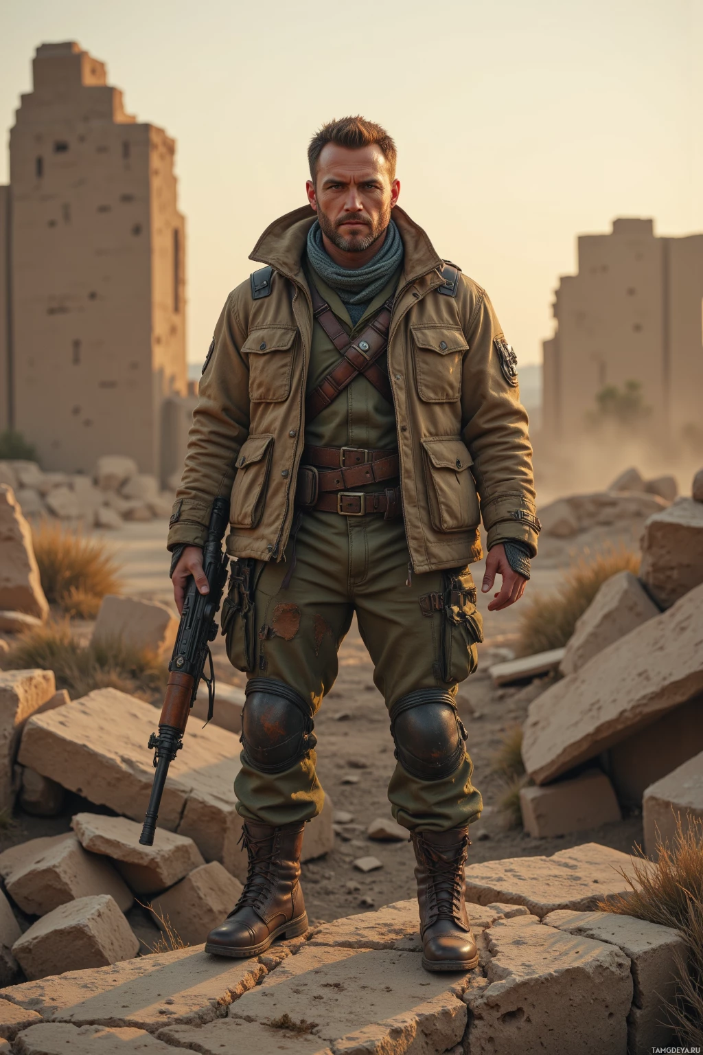 A man in military attire stands amidst ruins, holding a rifle.