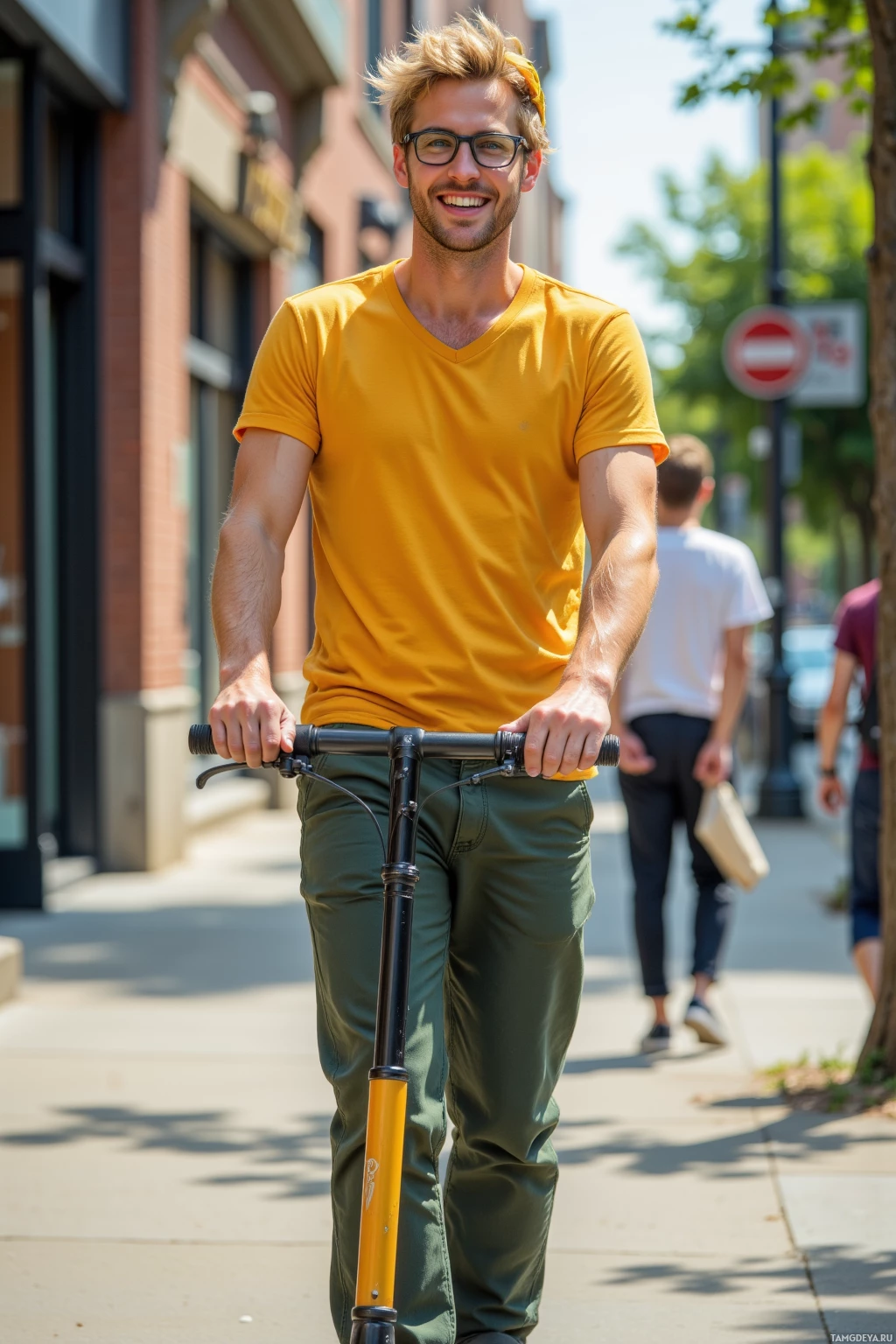 A man in a yellow shirt and green pants rides a scooter on a sunny sidewalk.