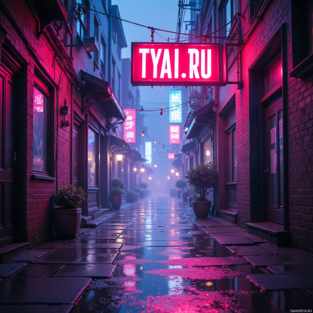 A neon-lit alleyway with a prominent red sign reading "TYAI.RU" in a futuristic urban setting.