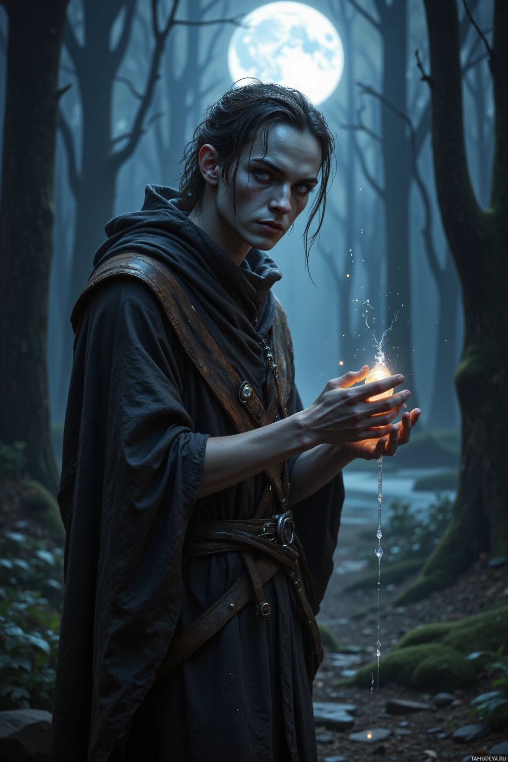 A person in dark robes stands in a moonlit forest holding a glowing orb that emits sparks and liquid.
