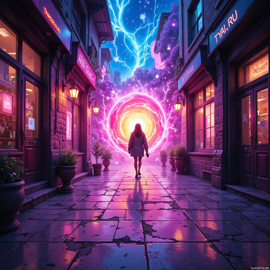 A person walks down a cobblestone street flanked by shops under a vibrant, cosmic sky with a glowing portal.