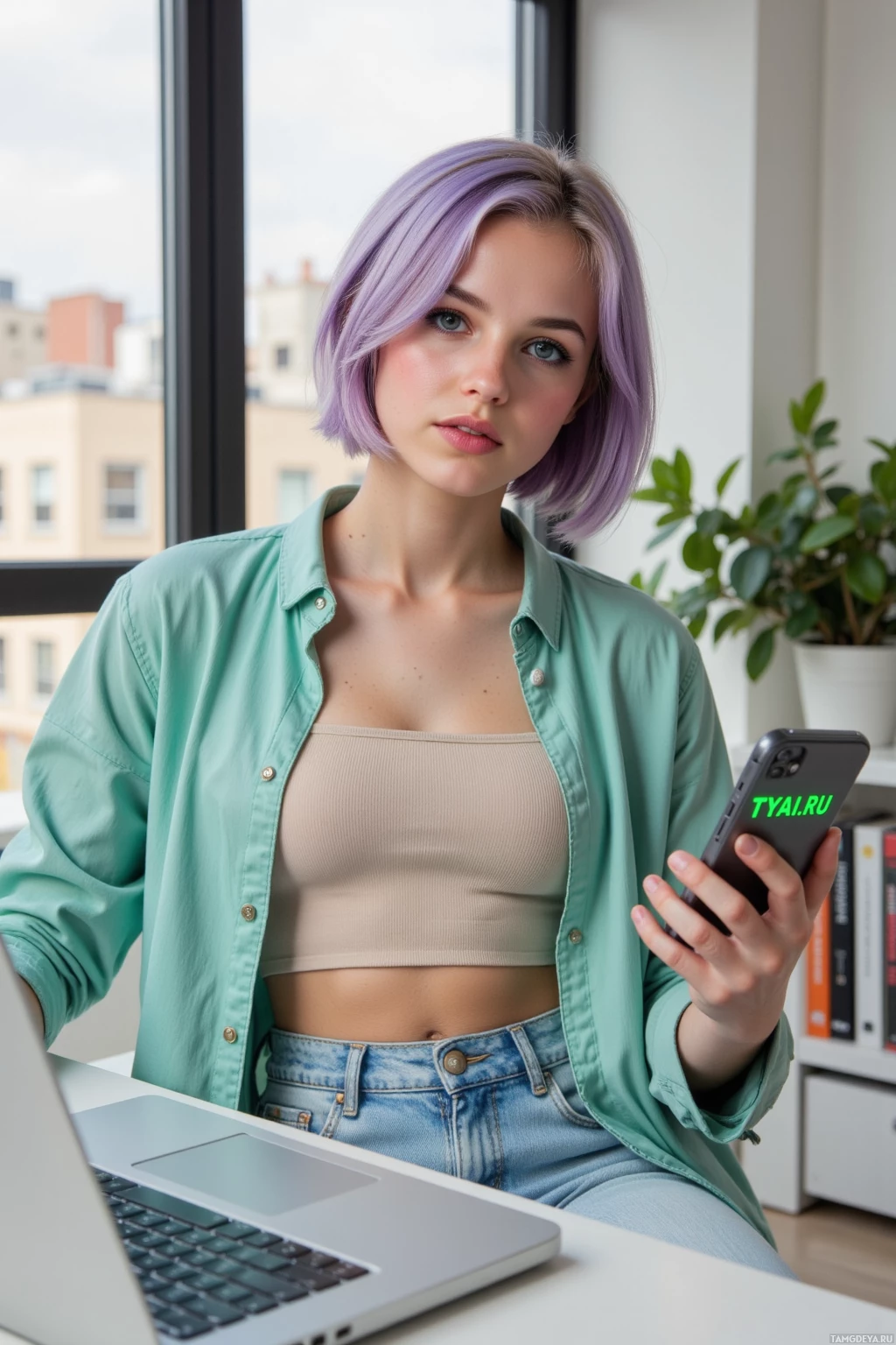 A person with purple hair sits at a desk, holding a phone and using a laptop.