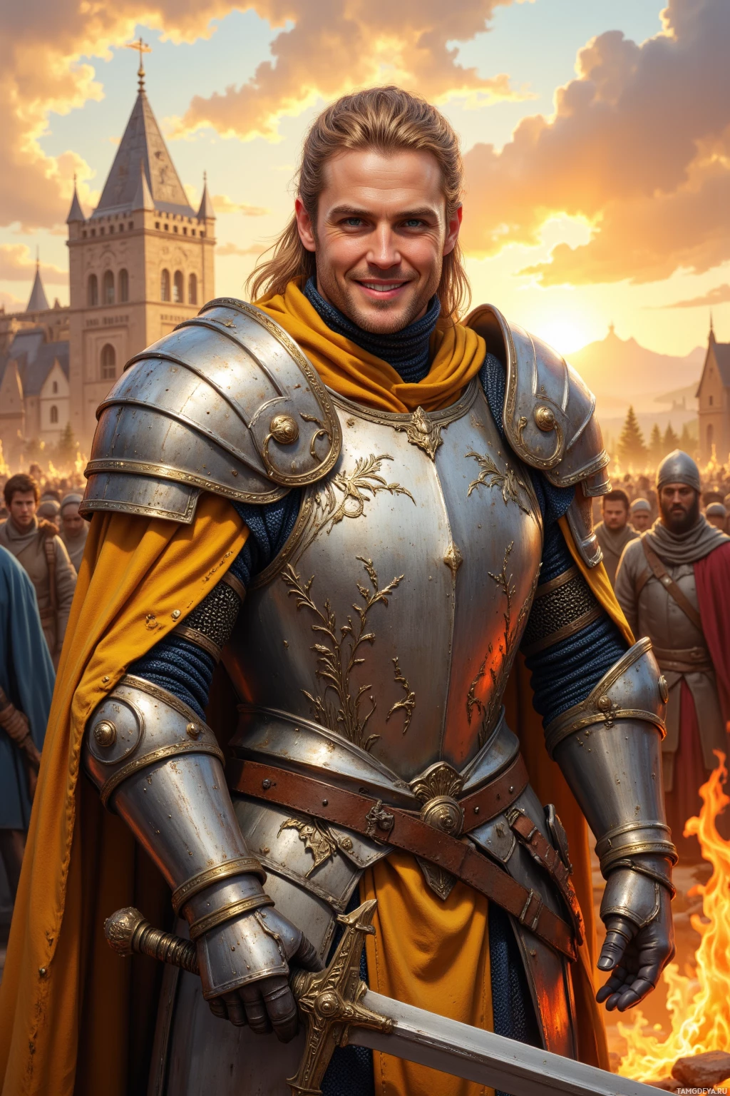 A knight in ornate armor stands with a sword at his side against a backdrop of a castle and sunset.