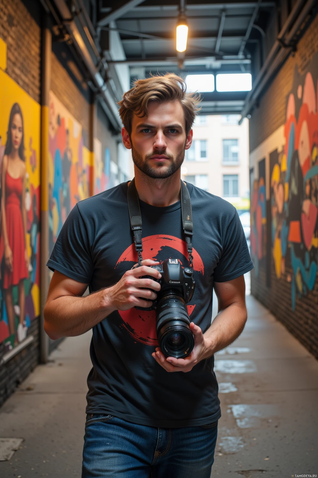 A person stands in an alleyway holding a camera, wearing a graphic t-shirt and jeans.