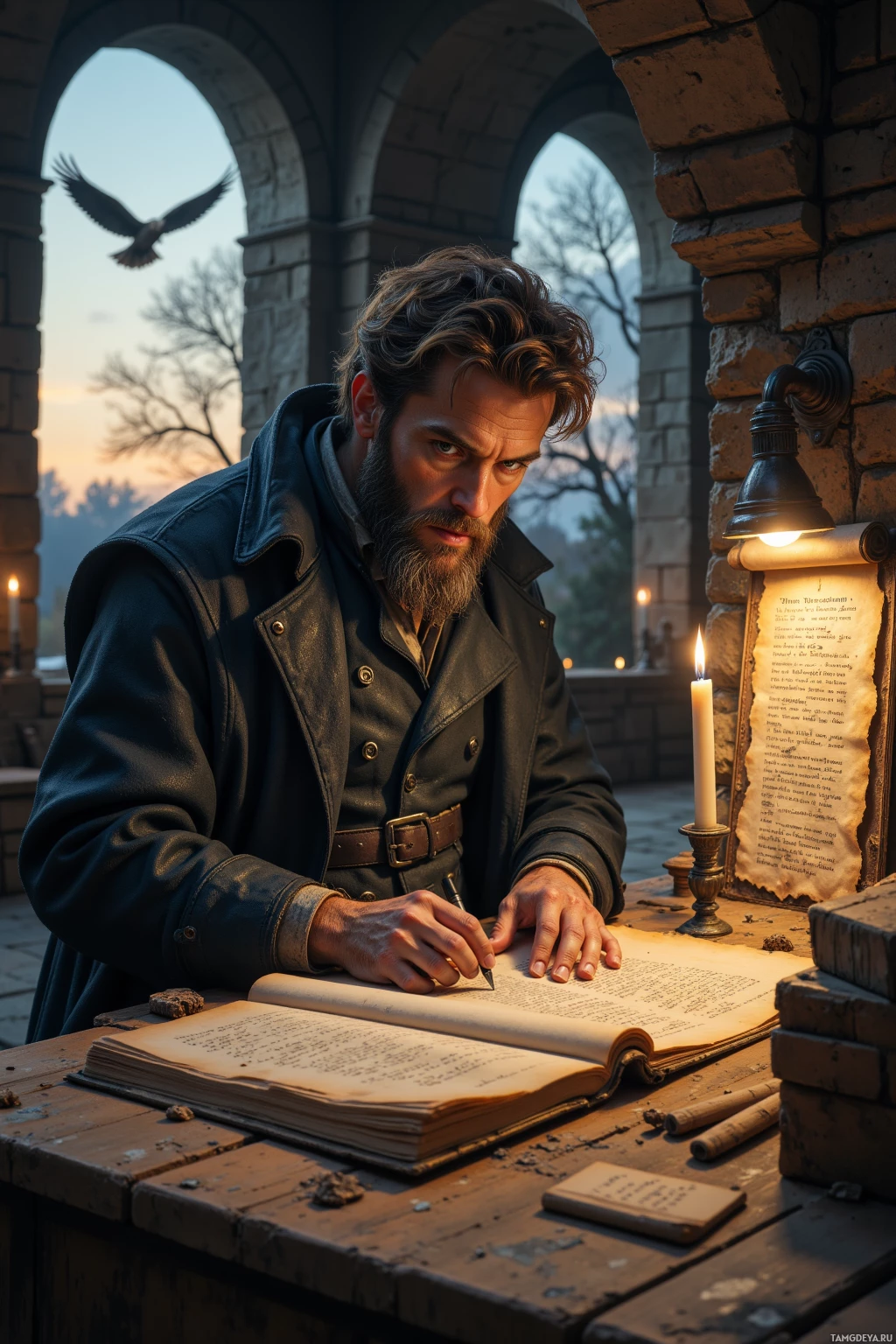 A man is writing in an open book at a wooden table under candlelight, with a bird flying outside and a lit lamp on the wall.