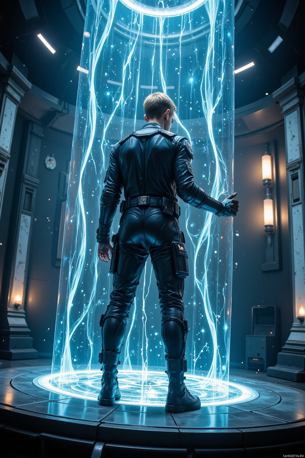 A person in a leather outfit stands in front of a glowing, energy-filled portal.