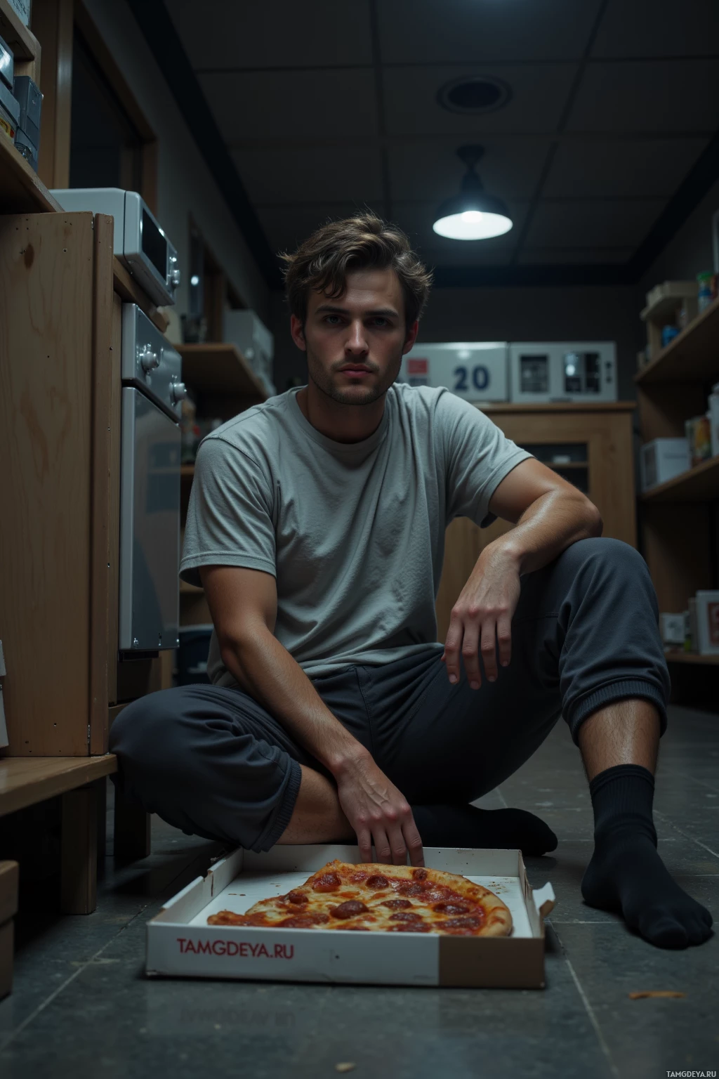 A person sits on the floor with a pizza box in front of them.