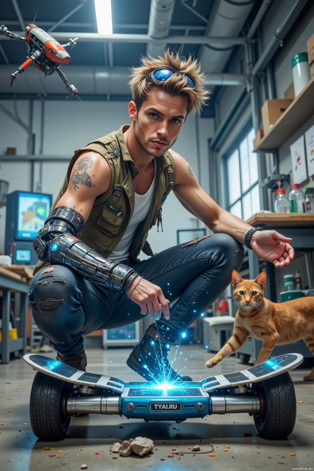 A person in a workshop setting interacts with a futuristic hoverboard while a cat and a flying drone observe nearby.